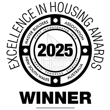 A circular logo reads Excellence in Housing Awards and Master Builders Association New South Wales Australia. The center shows 2025 with Winner in bold below. A faint building outline appears in the background.