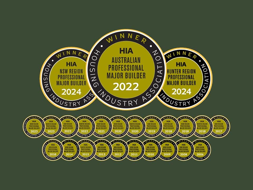 A collection of HIA Housing Industry Association award badges from 2016 to 2024, highlighting the Winner HIA Australian Professional Major Builder 2022 badge in the center against a green background.