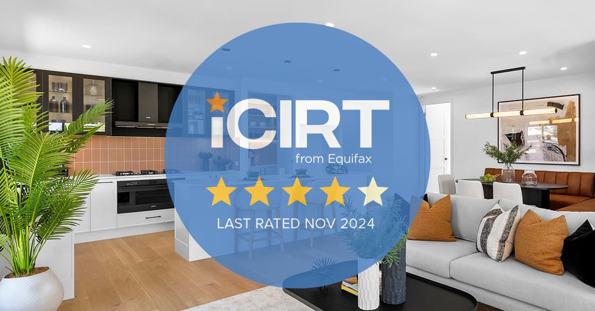 Modern open-plan kitchen and living area with plants and stylish decor, overlaid by a blue circle showing a 5-star iCIRT rating from Equifax, last rated November 2024.