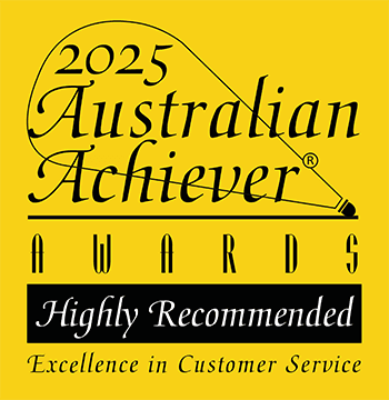 2025 Australian Achiever Awards logo on a yellow background, featuring the text Highly Recommended and Excellence in Customer Service.