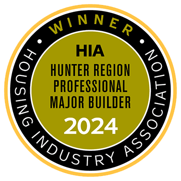 A circular badge reading Winner - HIA Hunter Region Professional Major Builder 2024 with Housing Industry Association around the edge, in black, gold, and white colors.