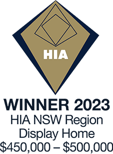 A gold and navy diamond-shaped badge with HIA in the center. Text below reads: WINNER 2023 HIA NSW Region Display Home $450,000 – $500,000.