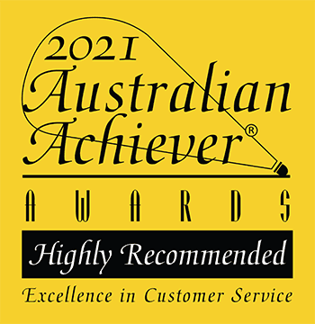 Yellow badge reading “2021 Australian Achiever Awards, Highly Recommended, Excellence in Customer Service” with a pen graphic underlining the text.